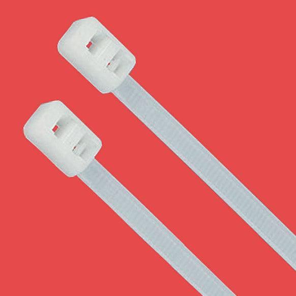 Double-loop cable ties featuring unique figure-8 design with dual securing points for bundling multiple cables or creating secure hanging points