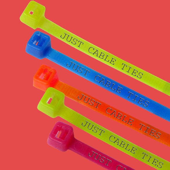 Custom printed fluorescent cable ties with high-visibility neon colours and hot foil text printing - combining identification and enhanced visibility for safety-critical applications