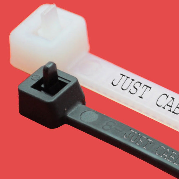 Printed releasable cable ties in black and natural colours with reusable locking mechanism and custom hot foil printing for temporary installations and equipment labelling